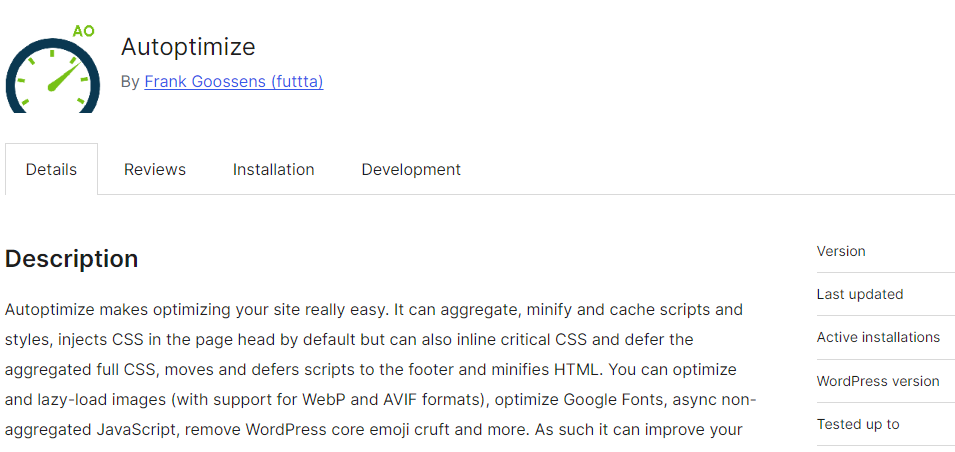 Autoptimize plugin for minifying and optimizing website assets in WordPress